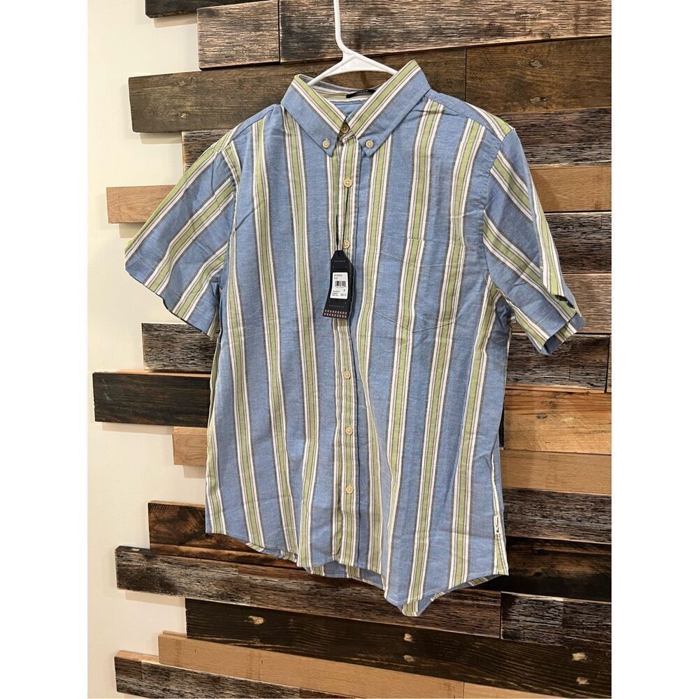Ben Sherman NWT Short sleeve Blue W/Green Tan Stripes Button On Shirt sz M